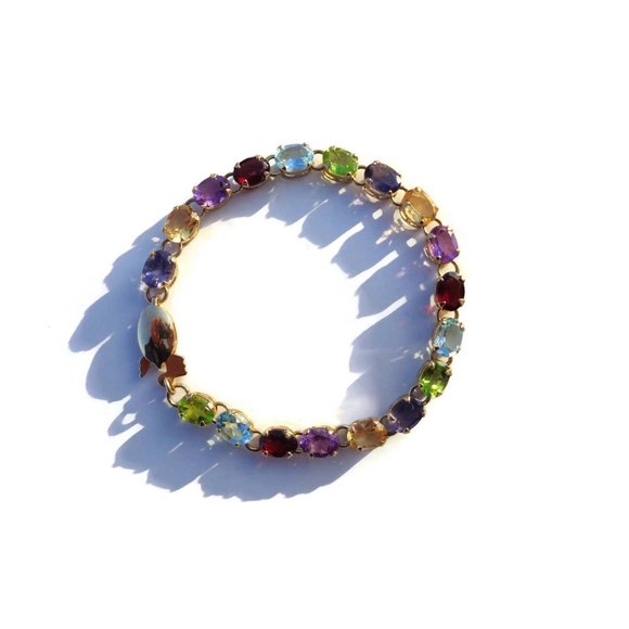 Real 14K Solid Gold Bracelet, Natural Multicolor Gemstones - Picture 3 of 5